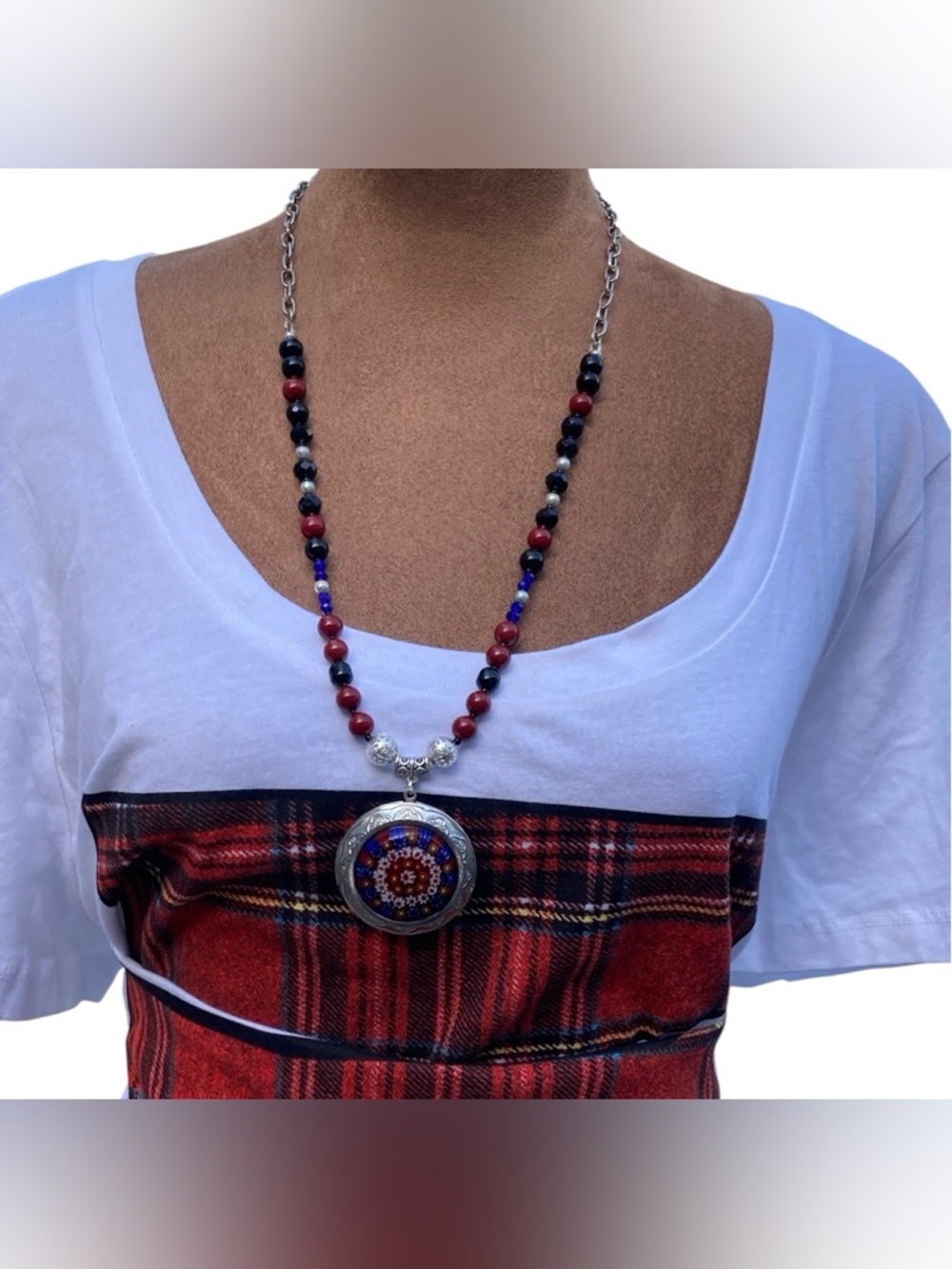 "Midnight Keepsake" Millefiori Locket Cinnabar,Crystal,Stone,Acrylic Necklace